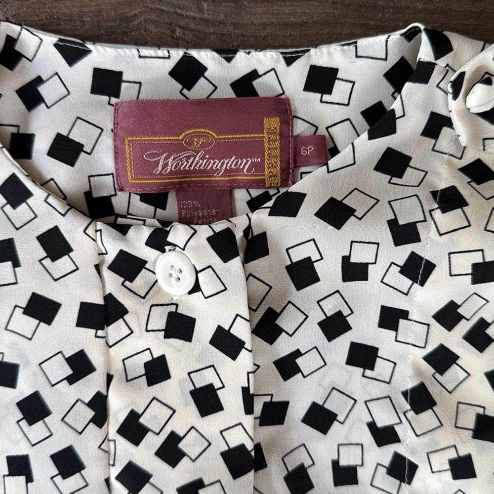 Vintage Worthington peplum button-down top ivory/black geometric EUC SMALL - Picture 8 of 12